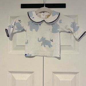 The Beaufort Bonnet Company White and Blue Elephant Print Long Sleeve Shirt 0-3M